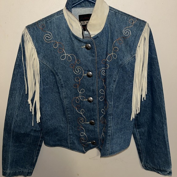 Frontier Classics Jackets & Blazers - north american frontier Blue denim jacket with fringe womens small Embroidered